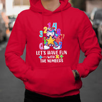 Red kids hoodie with colorful unicorn number graphic and slogan on the front