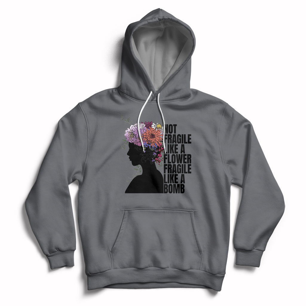 Women's charcoal pullover hoodie with front pocket, drawstrings, and floral silhouette graphic.