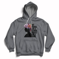 Women's charcoal pullover hoodie with front pocket, drawstrings, and floral silhouette graphic.