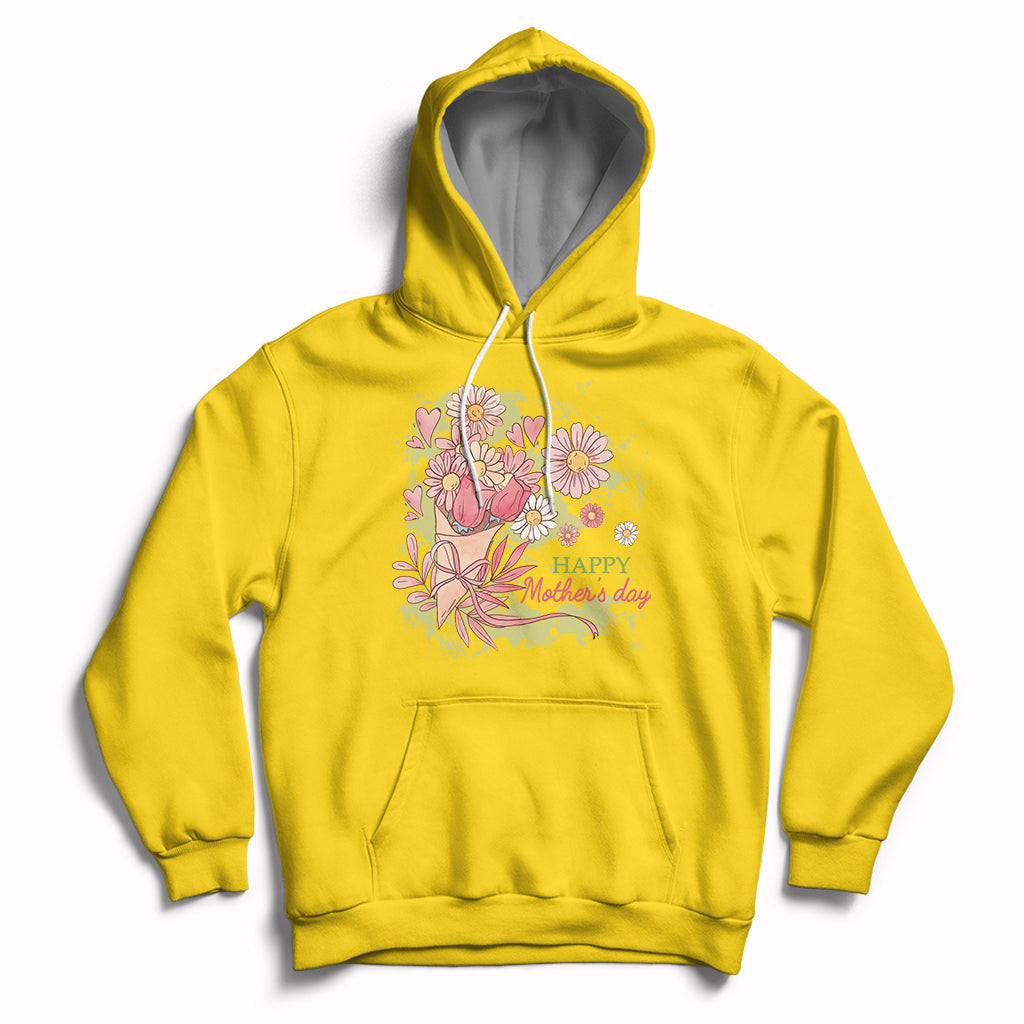 Daisy yellow women’s hoodie with floral bouquet graphic and “Happy Mother Day” text on chest