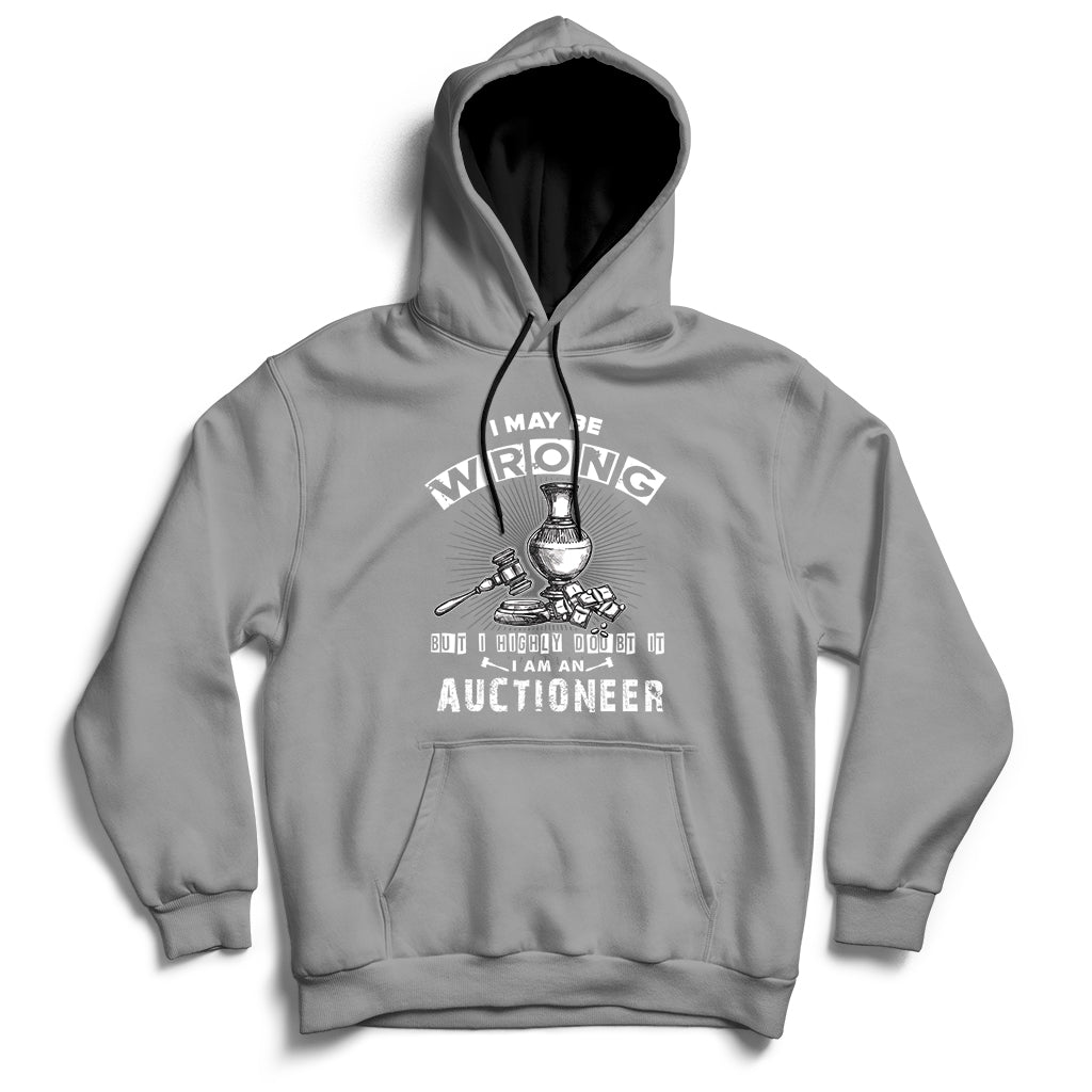Gray auctioneer hoodie with front hood and central auctioneer lettering graphic