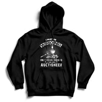 Black auctioneer hoodie with front hood and central lettering graphic
