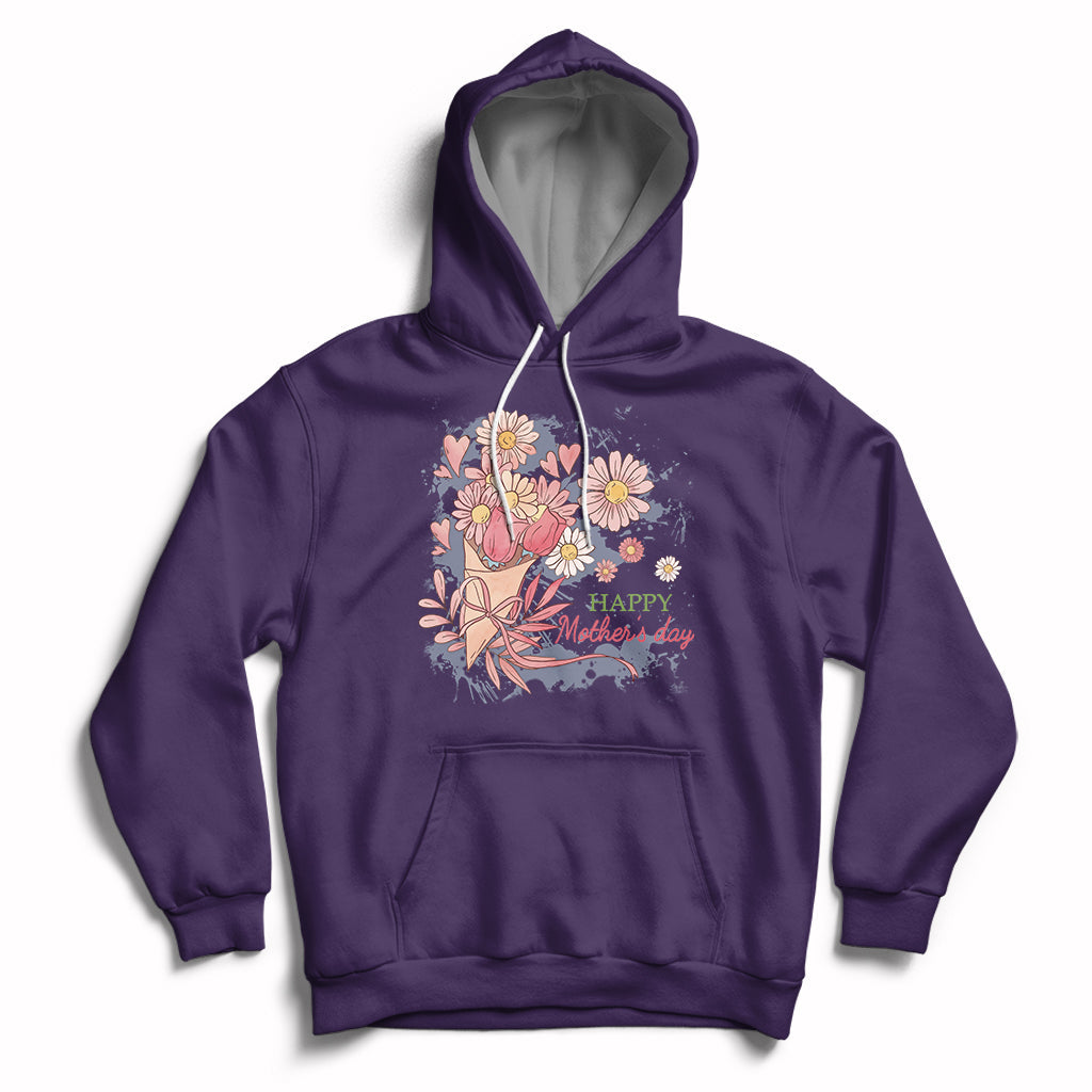 Purple women’s hoodie with floral bouquet graphic and “Happy Mother Day” text on chest