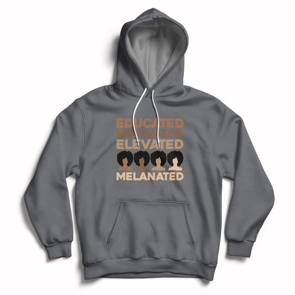 Dark gray pullover hoodie with front graphic text and people motif, kangaroo pocket.
