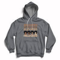 Dark gray pullover hoodie with front graphic text and people motif, kangaroo pocket.