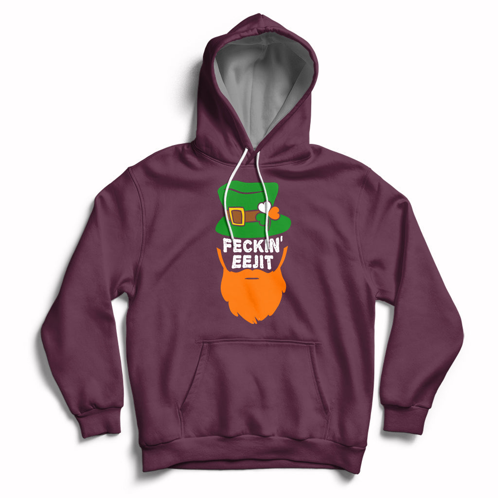 Maroon hoodie with front pouch pocket, drawstring hood, and “FECKIN EEJIT” shamrock graphic.