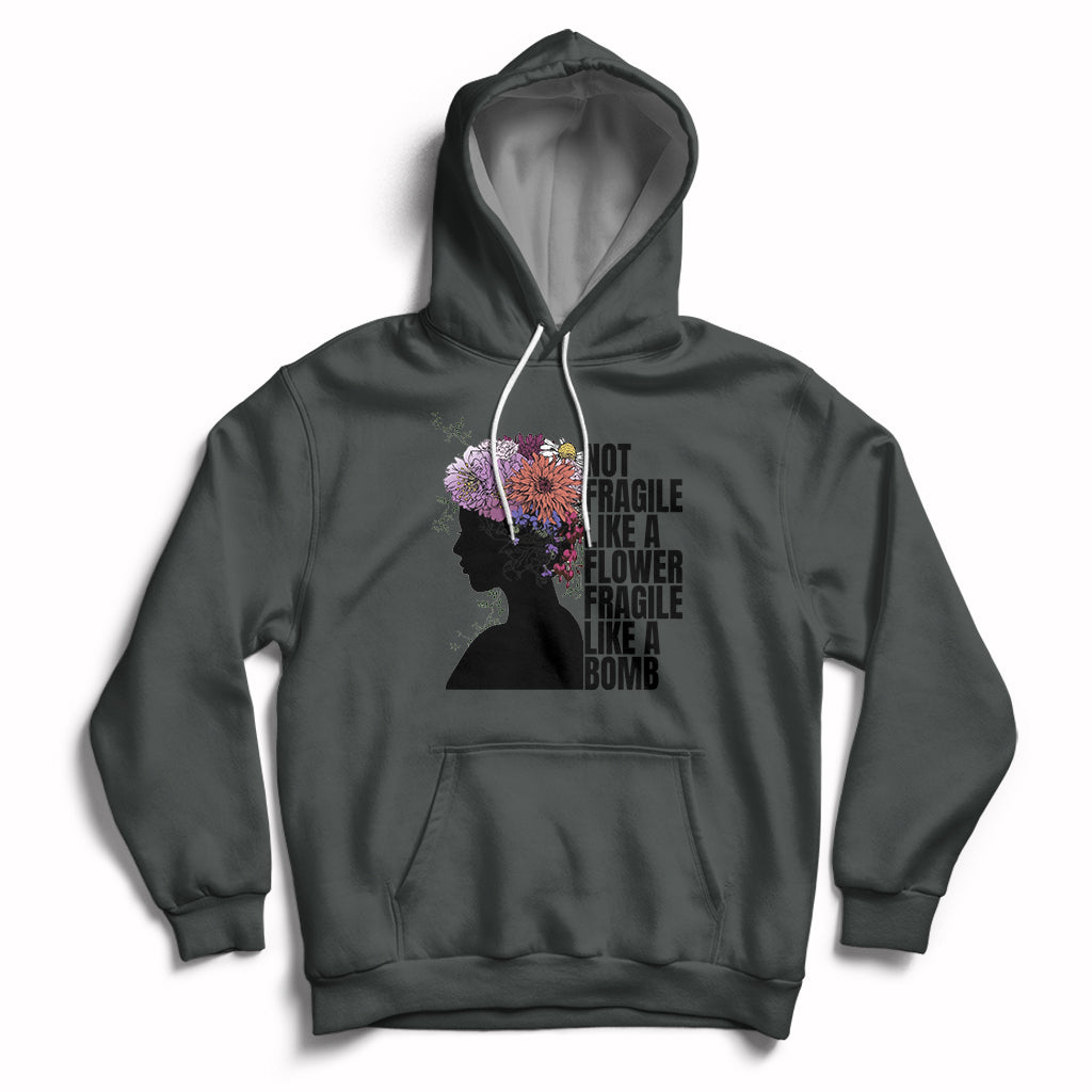 Women's dark heather pullover hoodie with front pocket and floral silhouette graphic.