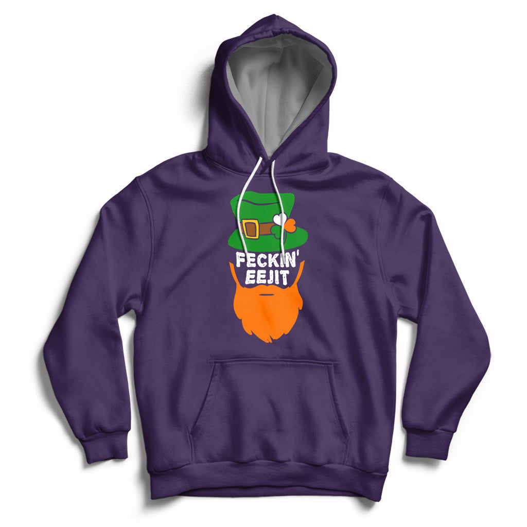 Purple hoodie with front pouch pocket, drawstring hood, and “FECKIN EEJIT” shamrock graphic.