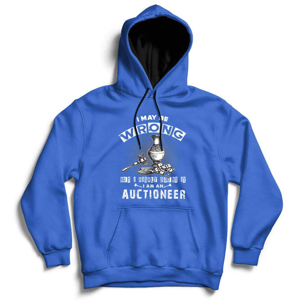 Royal blue auctioneer hoodie with front hood and front-center auctioneer lettering graphic