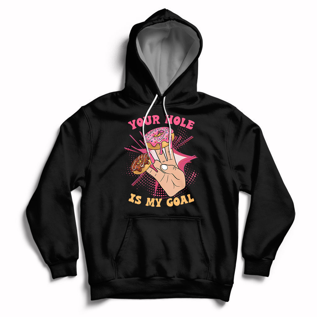 Black adult joke hoodie with front graphic and slogan, pullover hood with drawstring