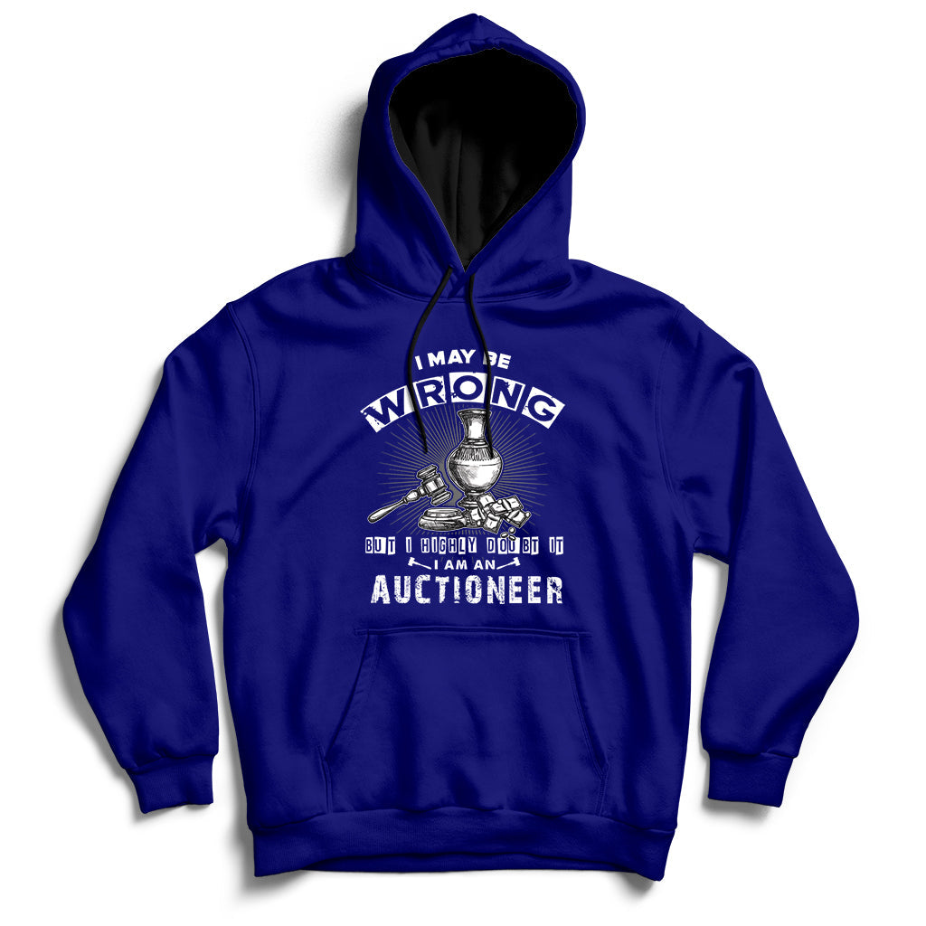 Navy auctioneer hoodie with front hood and front-center auctioneer lettering graphic