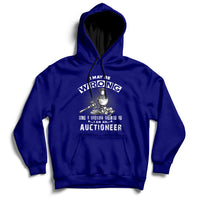 Navy auctioneer hoodie with front hood and front-center auctioneer lettering graphic