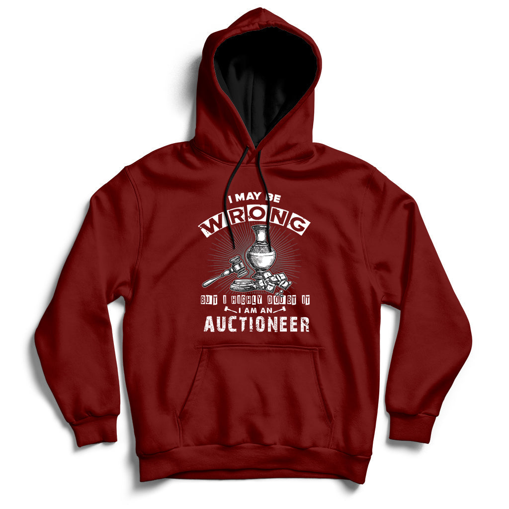Maroon auctioneer hoodie with front hood and front-center auctioneer lettering graphic