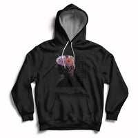 Women's black pullover hoodie with front pocket and graphic floral text on chest.
