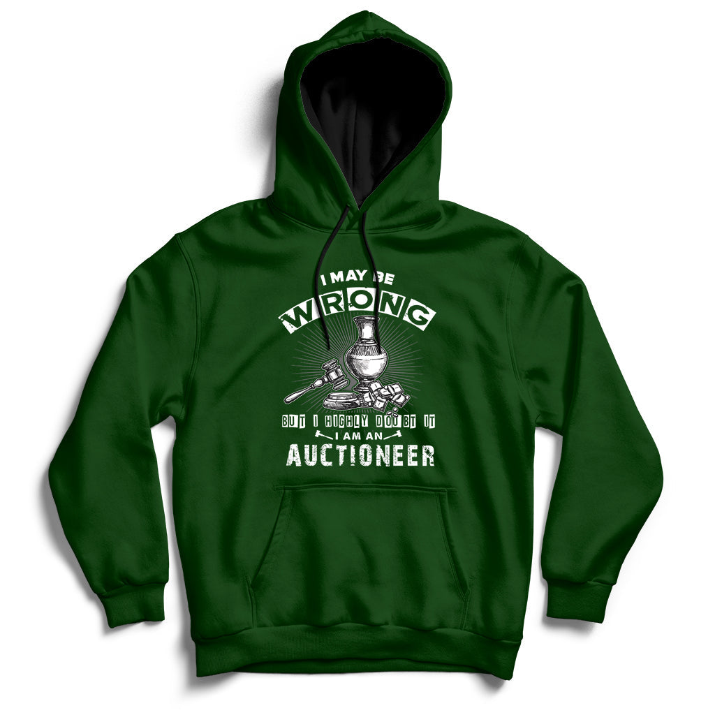 Forest green auctioneer hoodie with front hood and front-center auctioneer lettering graphic