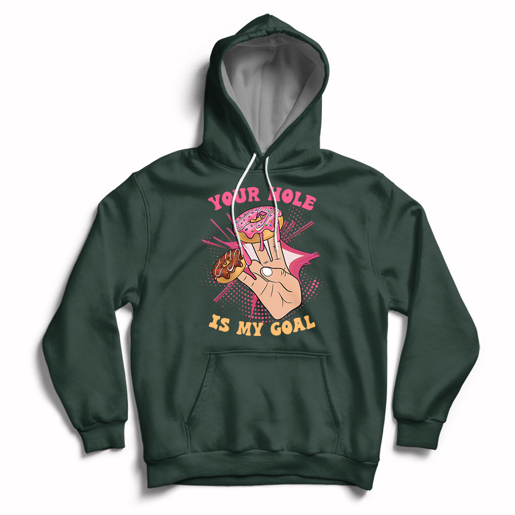 Forest green adult joke hoodie with front graphic and slogan, pullover hood with drawstring