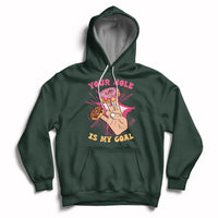 Forest green adult joke hoodie with front graphic and slogan, pullover hood with drawstring