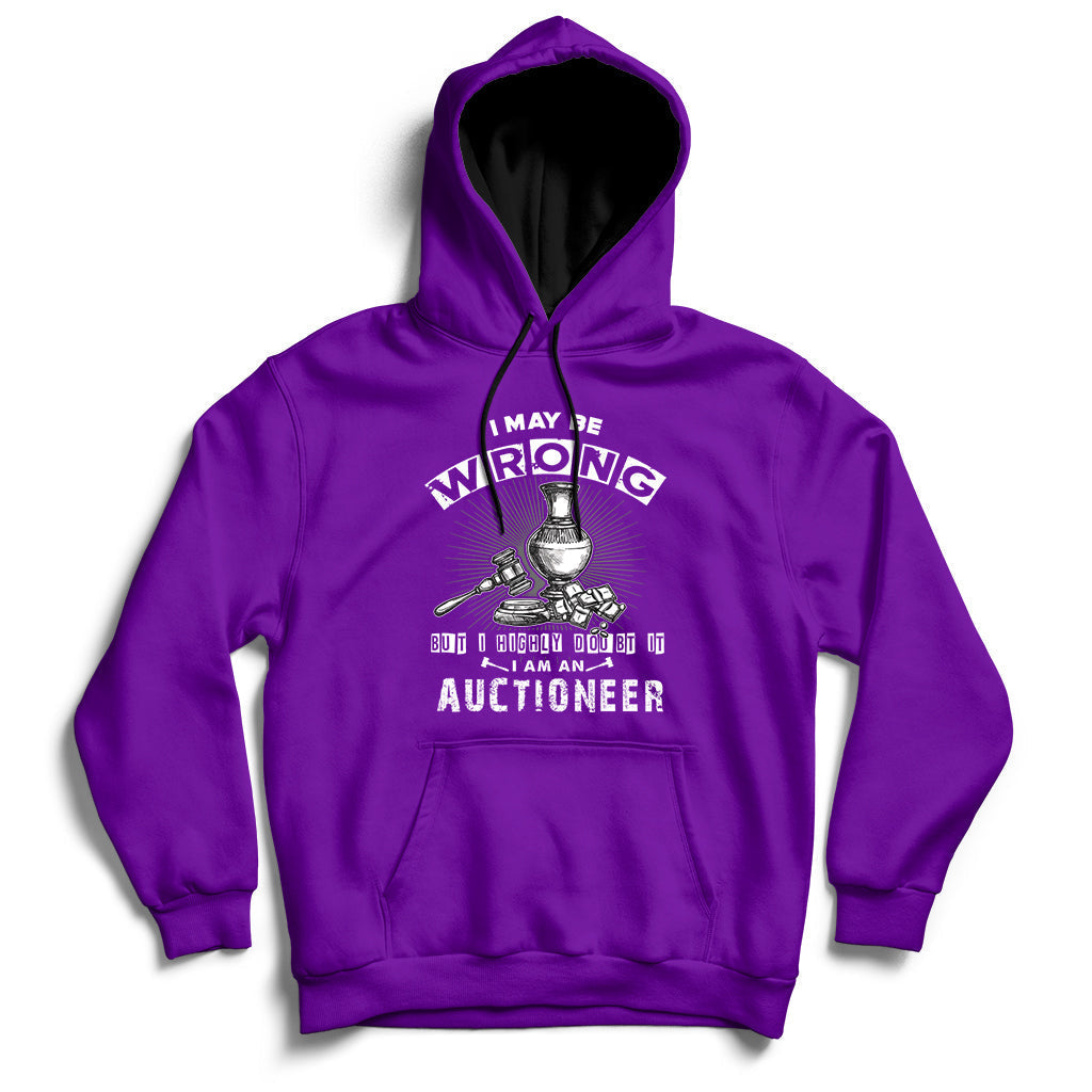 Purple auctioneer hoodie with front hood and front-center auctioneer lettering graphic