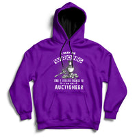 Purple auctioneer hoodie with front hood and front-center auctioneer lettering graphic