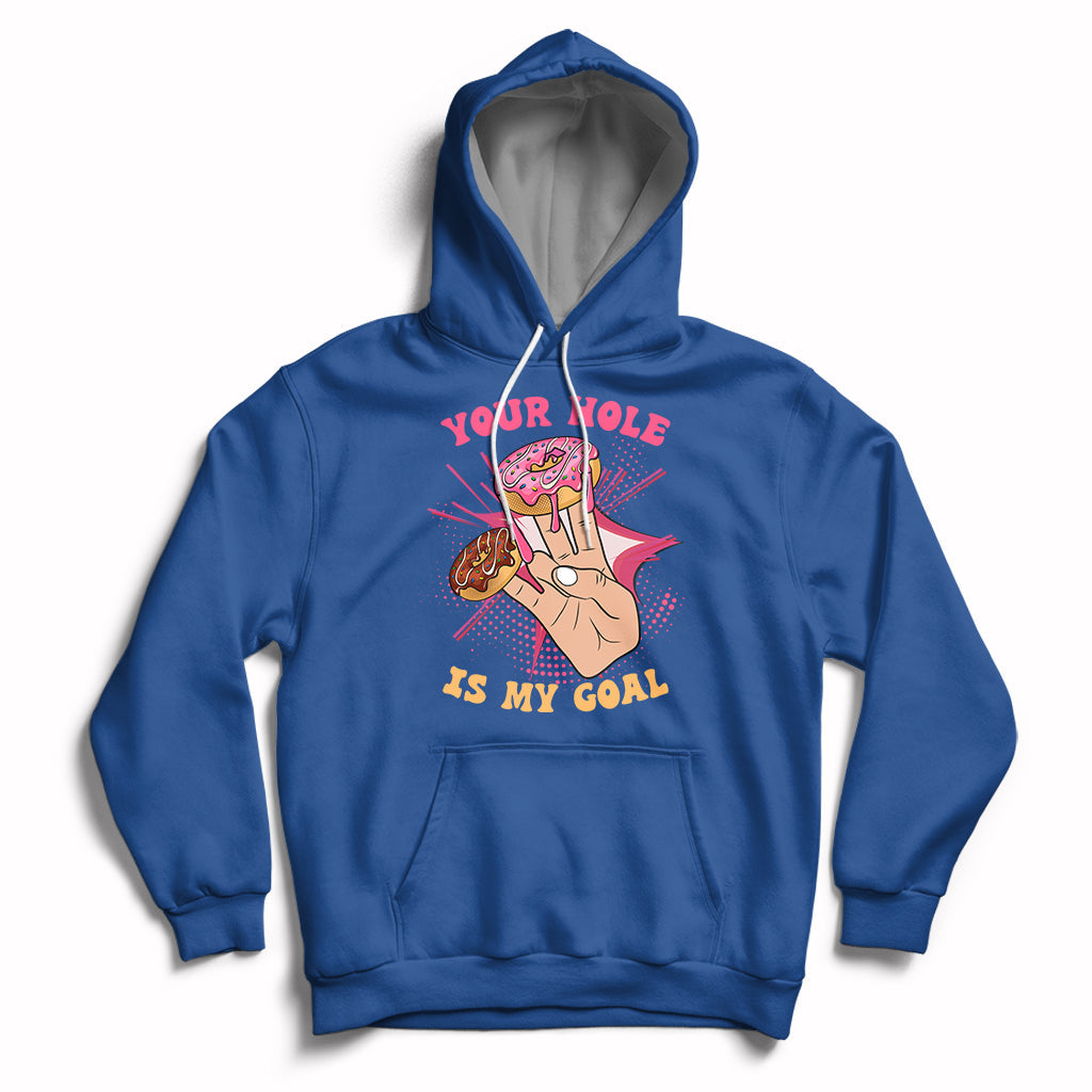 Royal blue adult joke hoodie with front graphic and slogan, pullover hood with drawstring