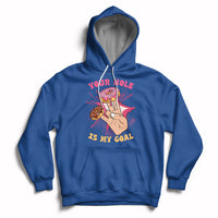 Royal blue adult joke hoodie with front graphic and slogan, pullover hood with drawstring