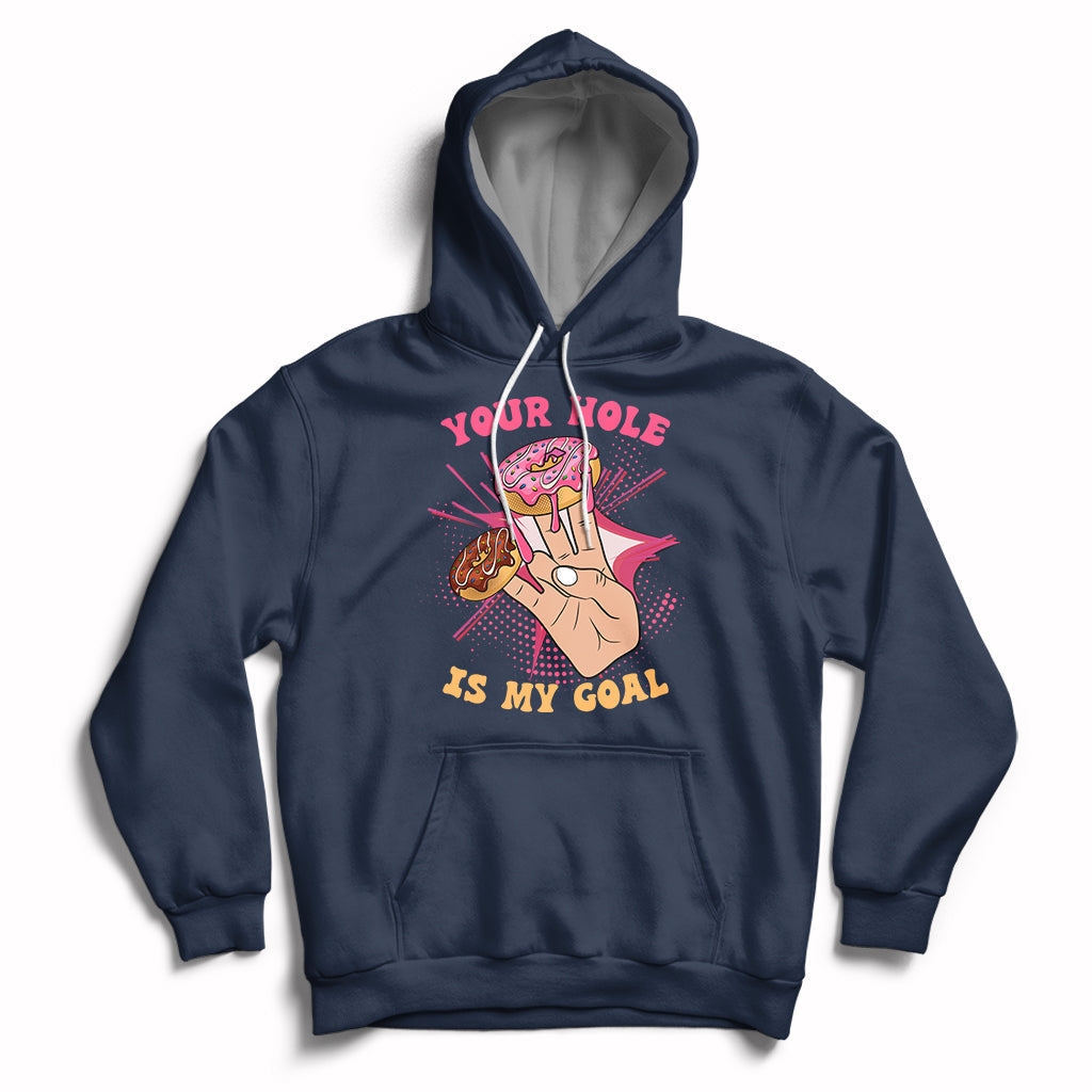 Navy adult joke hoodie with front graphic and slogan, pullover hood with drawstring