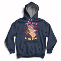 Navy adult joke hoodie with front graphic and slogan, pullover hood with drawstring