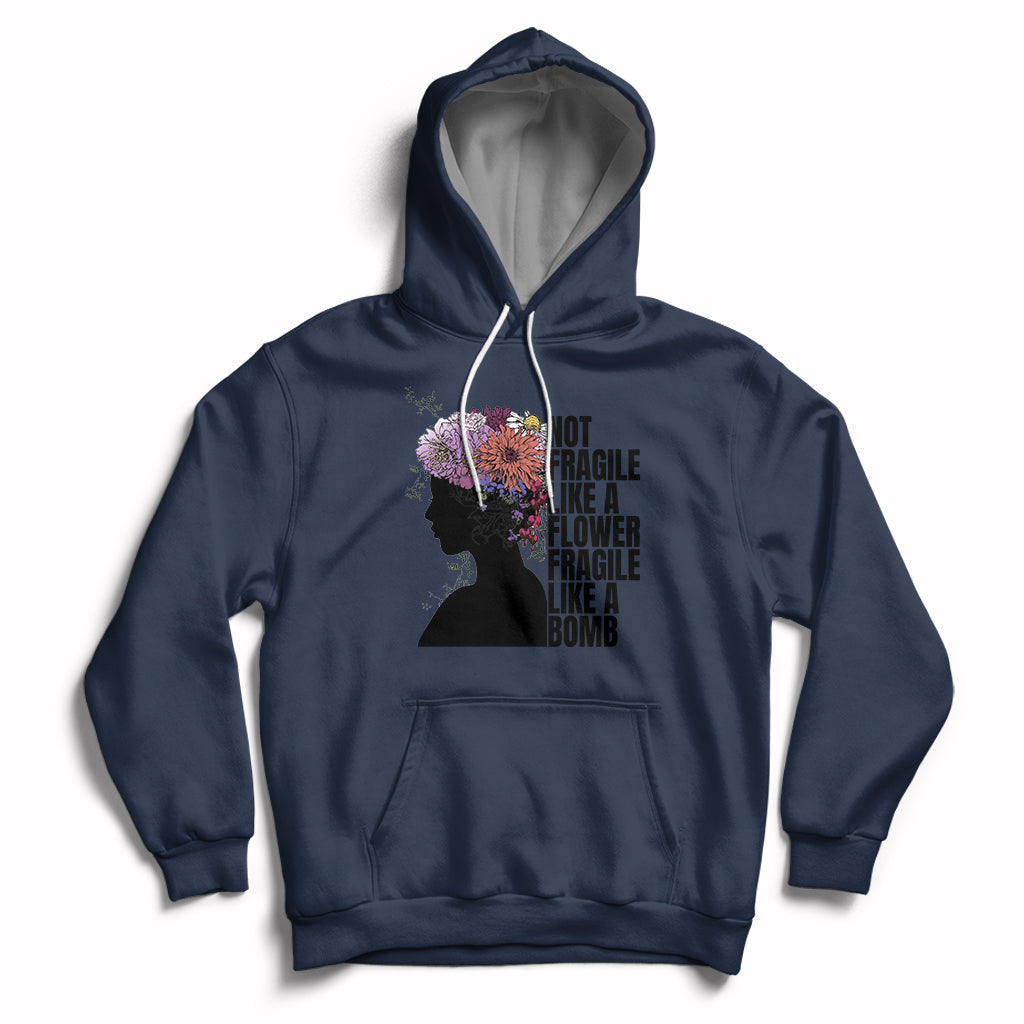Women's navy pullover hoodie with front pocket and floral silhouette graphic on chest.