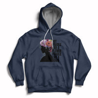 Women's navy pullover hoodie with front pocket and floral silhouette graphic on chest.