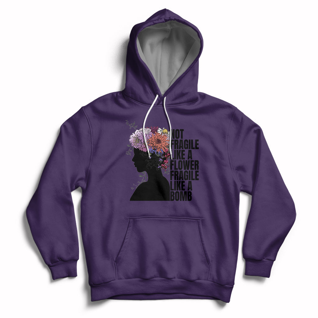 Women's purple pullover hoodie with front pocket and floral silhouette graphic on chest.