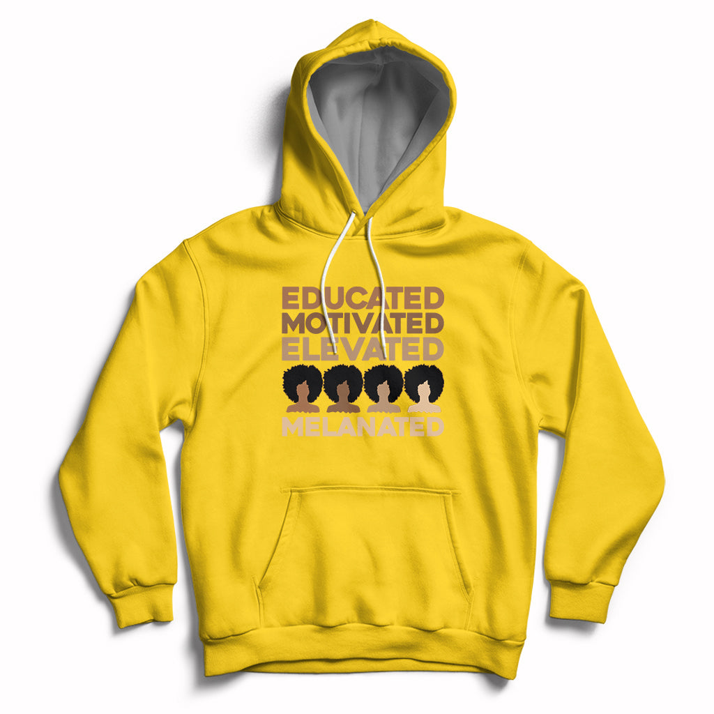 Yellow pullover hoodie with front graphic text, kangaroo pocket, and drawstring hood.