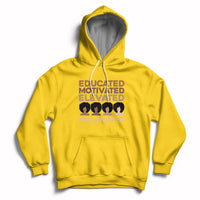 Yellow pullover hoodie with front graphic text, kangaroo pocket, and drawstring hood.