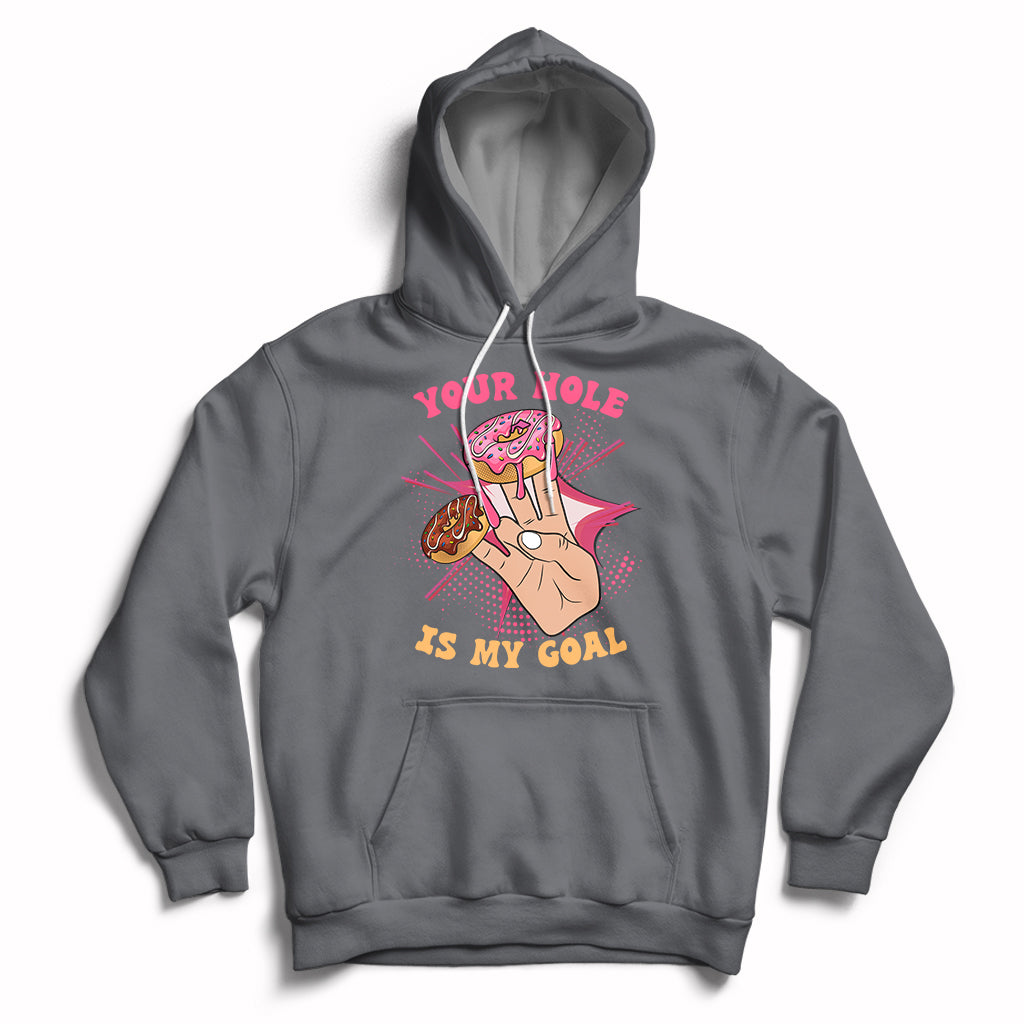 Charcoal adult joke hoodie with front graphic and slogan, pullover hood with drawstring