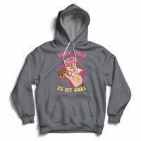 Charcoal adult joke hoodie with front graphic and slogan, pullover hood with drawstring
