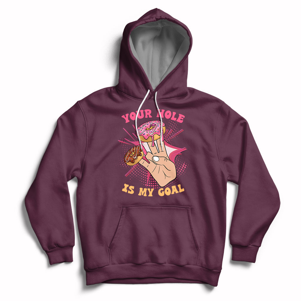 Maroon adult joke hoodie with front graphic and slogan, pullover hood with drawstring