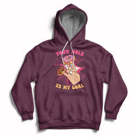 Maroon adult joke hoodie with front graphic and slogan, pullover hood with drawstring