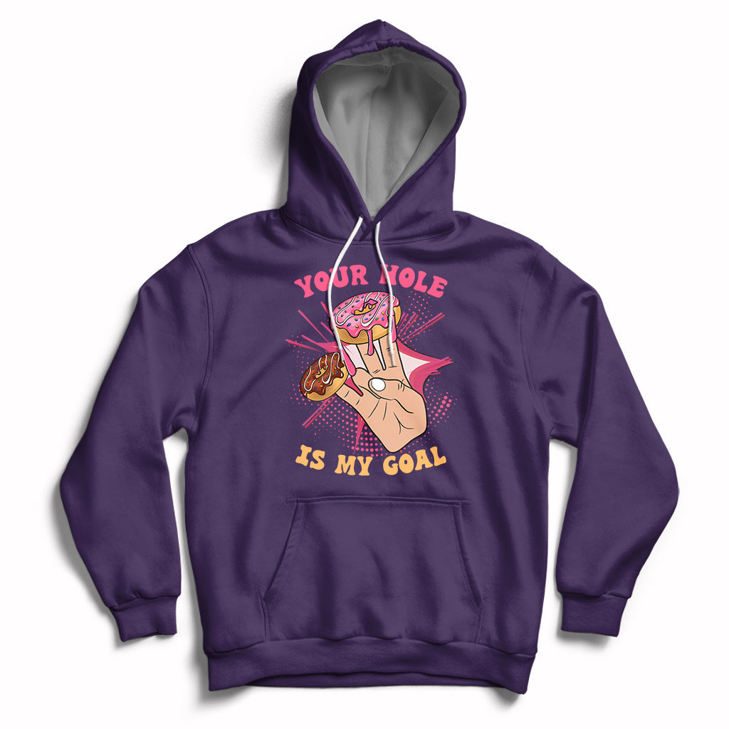 Purple adult joke hoodie with front graphic and slogan, pullover hood with drawstring