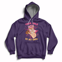 Purple adult joke hoodie with front graphic and slogan, pullover hood with drawstring