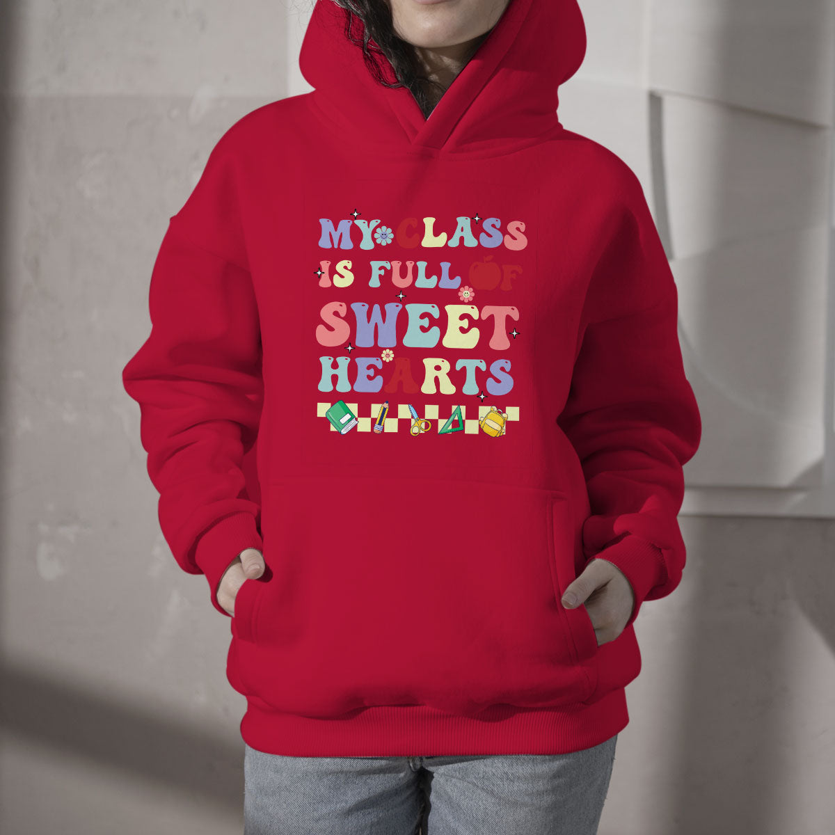 Red pullover teacher hoodie with colorful 'Sweet Hearts' chest graphic, hood & kangaroo pocket