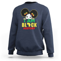 Kids' charcoal blue sweatshirt with front graphic of girl and text “I AM BLACK HISTORY”