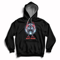Black pullover hoodie with “ANT-MAN” robot graphic on chest and front pouch.