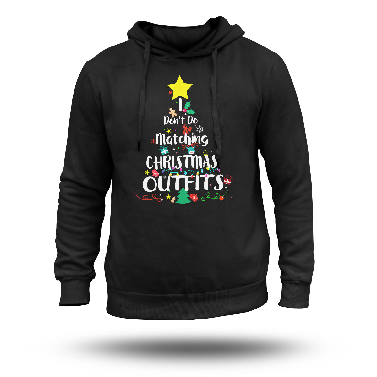 Black pullover hoodie with multicolor Christmas quote graphic and star accents