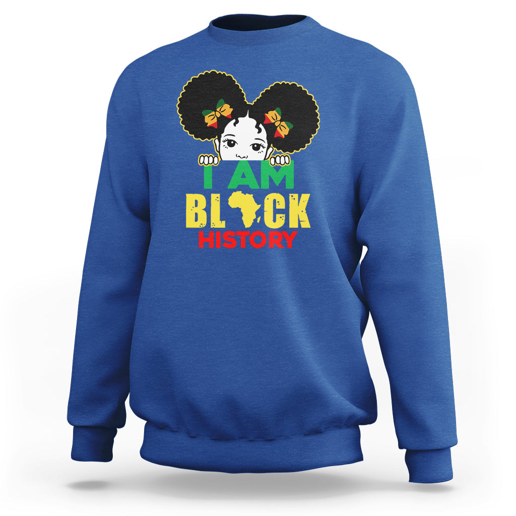 Kids' royal blue sweatshirt with front graphic of girl and text “I AM BLACK HISTORY”