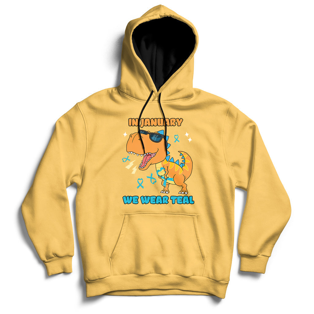 Yellow hoodie with front kangaroo pocket, hood, and chest “IN JANUARY” “WE WEAR TEAL” graphic