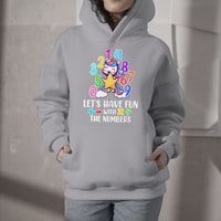 Light gray kids hoodie with colorful unicorn number graphic and slogan on the front