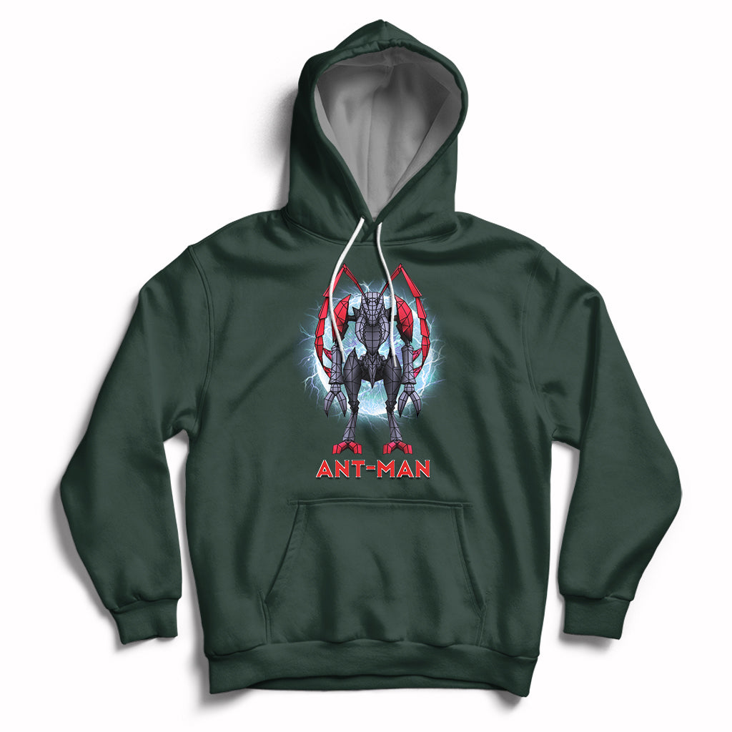 Forest green pullover hoodie with “ANT-MAN” robot graphic on chest and front pouch.