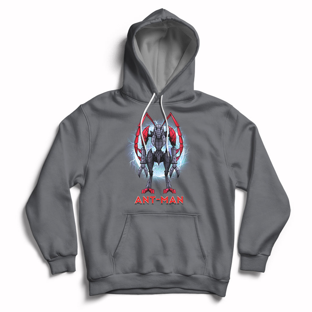 Charcoal pullover hoodie with “ANT-MAN” robot graphic on chest and front pouch.