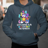 Teal kids hoodie with colorful unicorn number graphic and slogan on the front