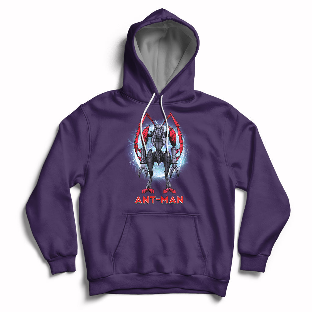 Purple pullover hoodie with “ANT-MAN” robot graphic on chest and front pouch.