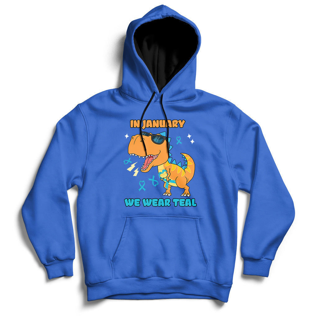 Royal blue hoodie with kangaroo pocket, hood, and chest “IN JANUARY” “WE WEAR TEAL” graphic